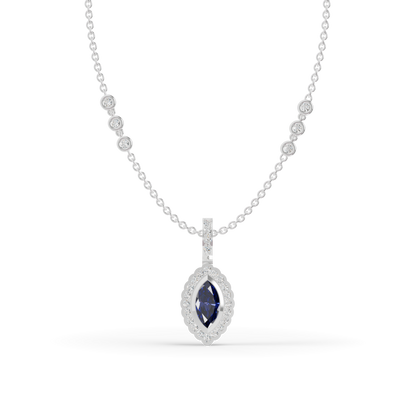 Guru Jewel's Scalloped Halo with  Marquise-Cut Deep Blue Pendant for Her
