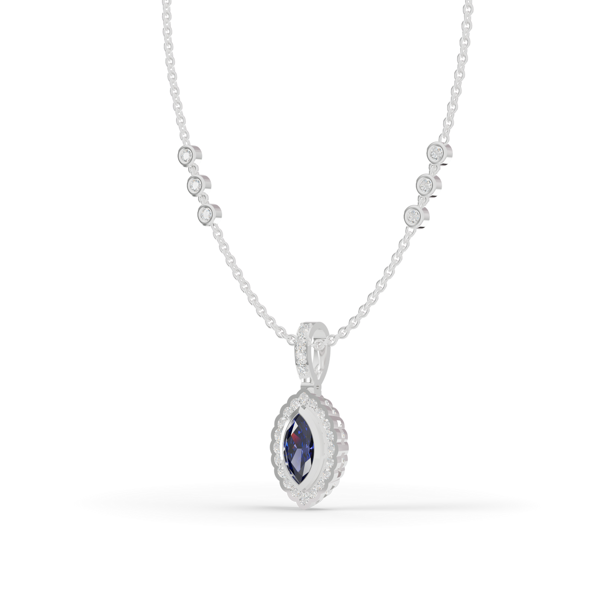 Guru Jewel's Scalloped Halo with  Marquise-Cut Deep Blue Pendant for Her