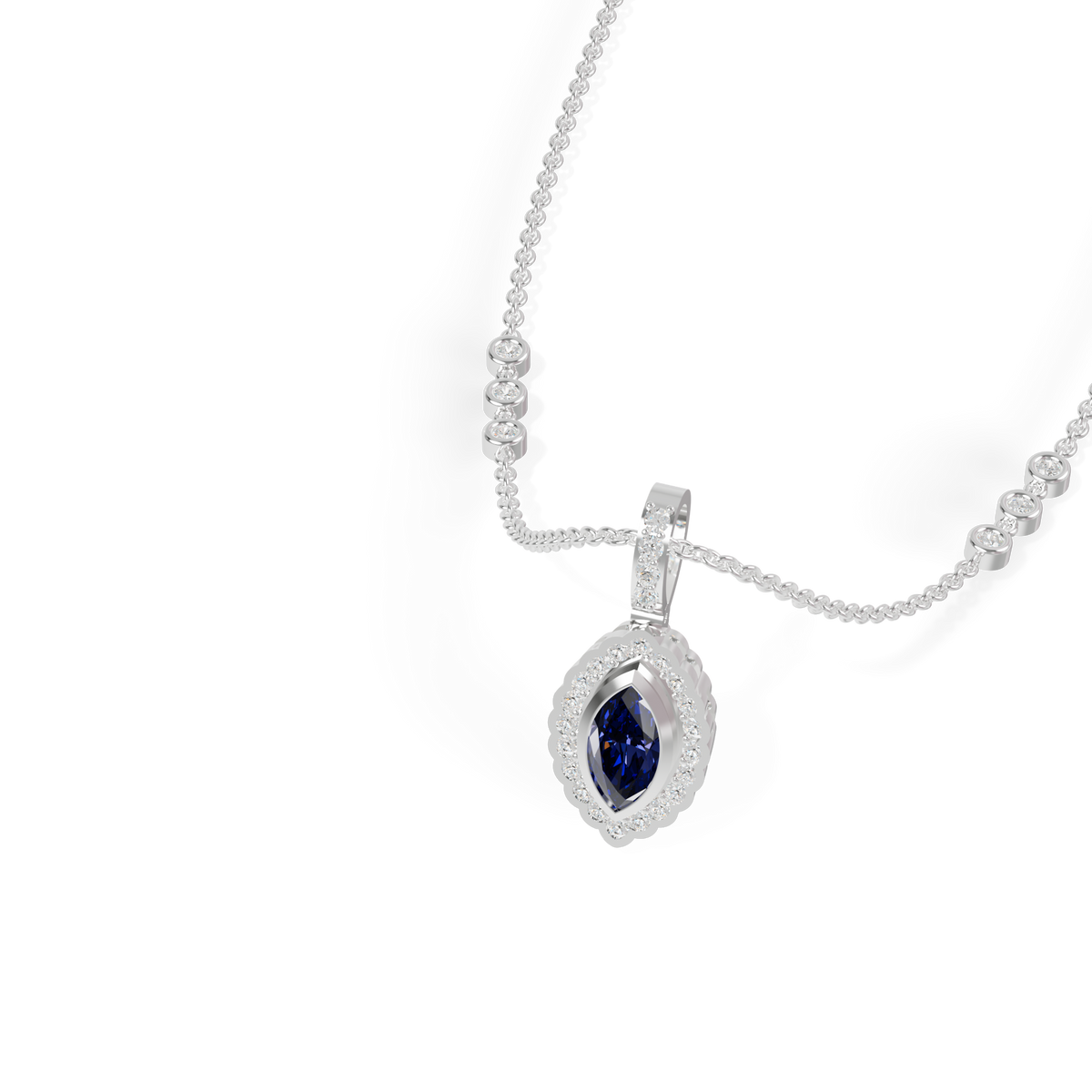 Guru Jewel's Scalloped Halo with  Marquise-Cut Deep Blue Pendant for Her