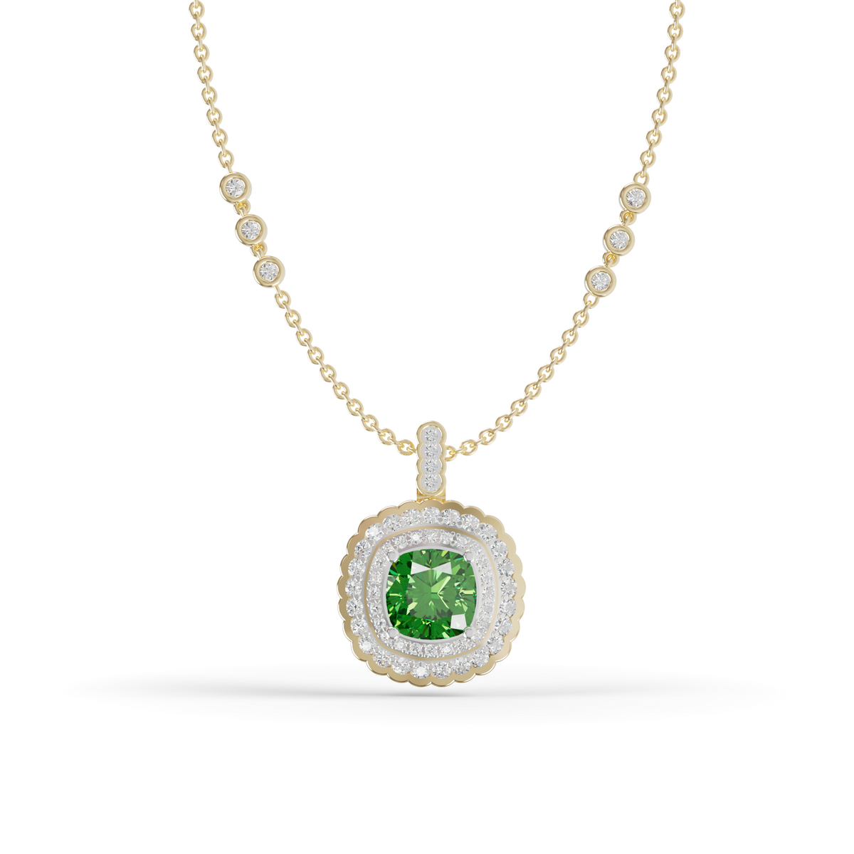 Guru Jewel's Scalloped Double Halo Cushion-Cut with Emerald Green Pendant for Her