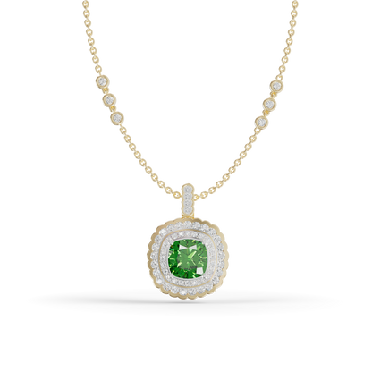 Guru Jewel's Scalloped Double Halo Cushion-Cut with Emerald Green Pendant for Her