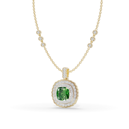 Guru Jewel's Scalloped Double Halo Cushion-Cut with Emerald Green Pendant for Her