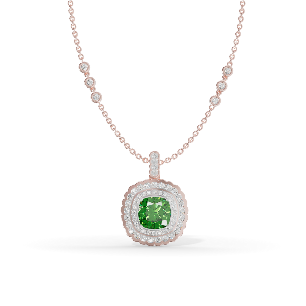 Guru Jewel's Scalloped Double Halo Cushion-Cut with Emerald Green Pendant for Her