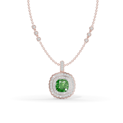 Guru Jewel's Scalloped Double Halo Cushion-Cut with Emerald Green Pendant for Her
