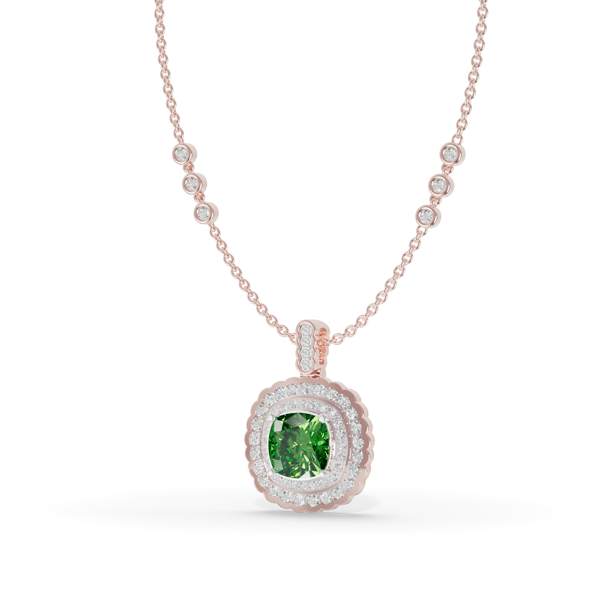 Guru Jewel's Scalloped Double Halo Cushion-Cut with Emerald Green Pendant for Her