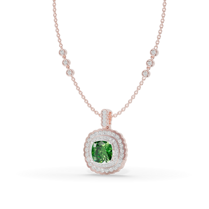 Guru Jewel's Scalloped Double Halo Cushion-Cut with Emerald Green Pendant for Her