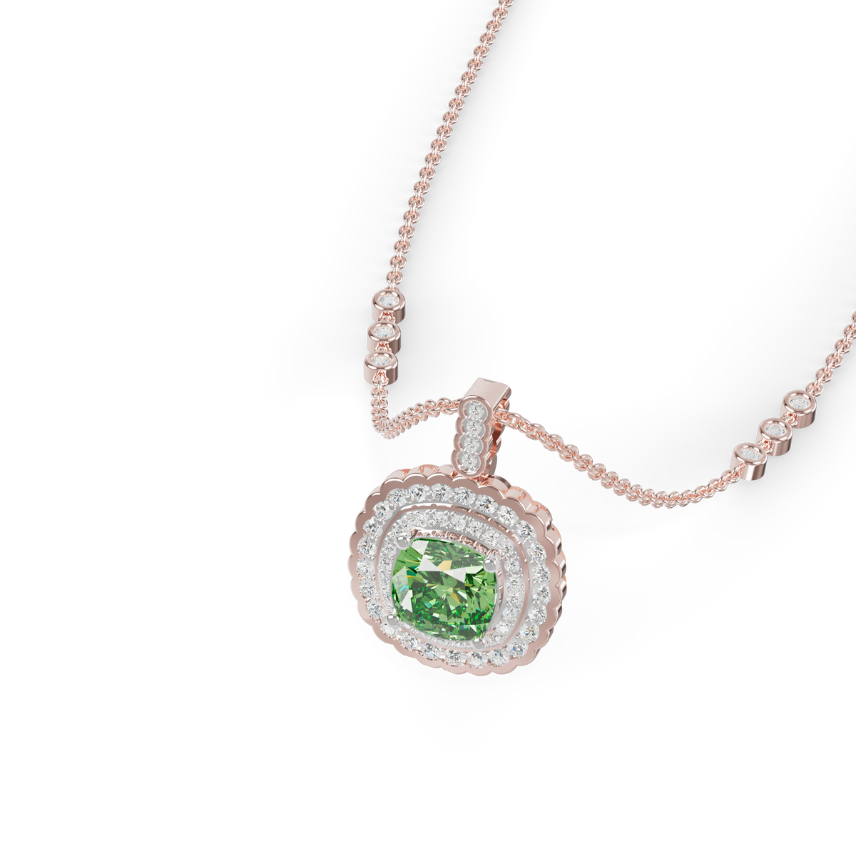 Guru Jewel's Scalloped Double Halo Cushion-Cut with Emerald Green Pendant for Her