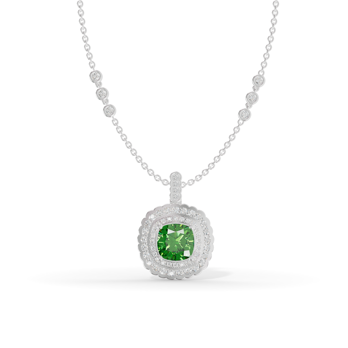 Guru Jewel's Scalloped Double Halo Cushion-Cut with Emerald Green Pendant for Her
