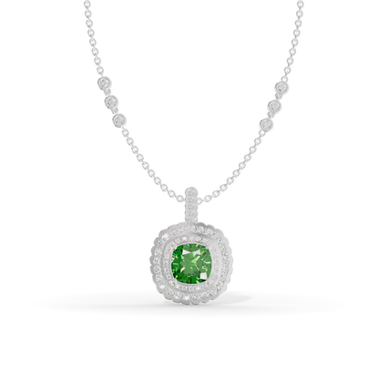 Guru Jewel's Scalloped Double Halo Cushion-Cut with Emerald Green Pendant for Her