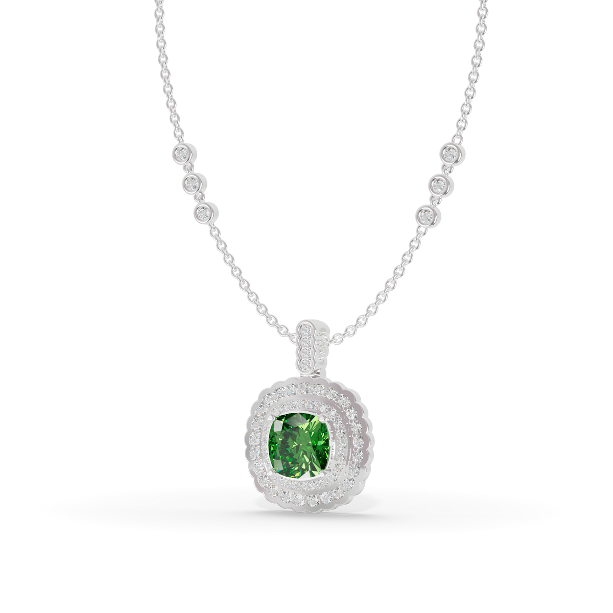 Guru Jewel's Scalloped Double Halo Cushion-Cut with Emerald Green Pendant for Her