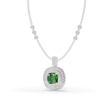 Guru Jewel's Scalloped Double Halo Cushion-Cut with Emerald Green Pendant for Her