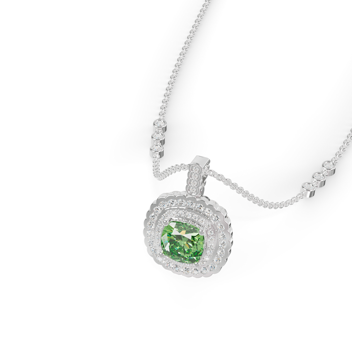 Guru Jewel's Scalloped Double Halo Cushion-Cut with Emerald Green Pendant for Her