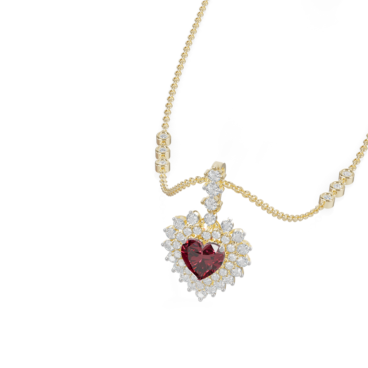 Guru Jewel's Scalloped Double Halo with Heart-Cut Ruby Red Pendant  for Her