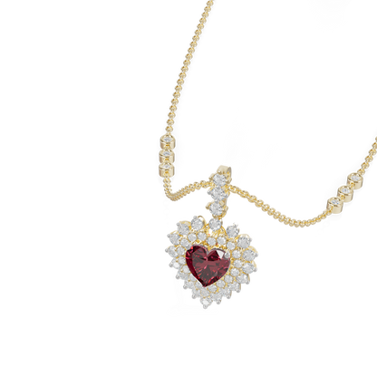 Guru Jewel's Scalloped Double Halo with Heart-Cut Ruby Red Pendant  for Her