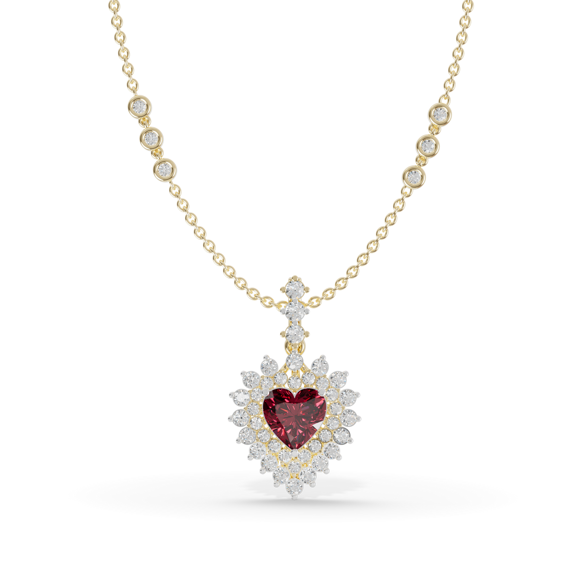 Guru Jewel's Scalloped Double Halo with Heart-Cut Ruby Red Pendant  for Her
