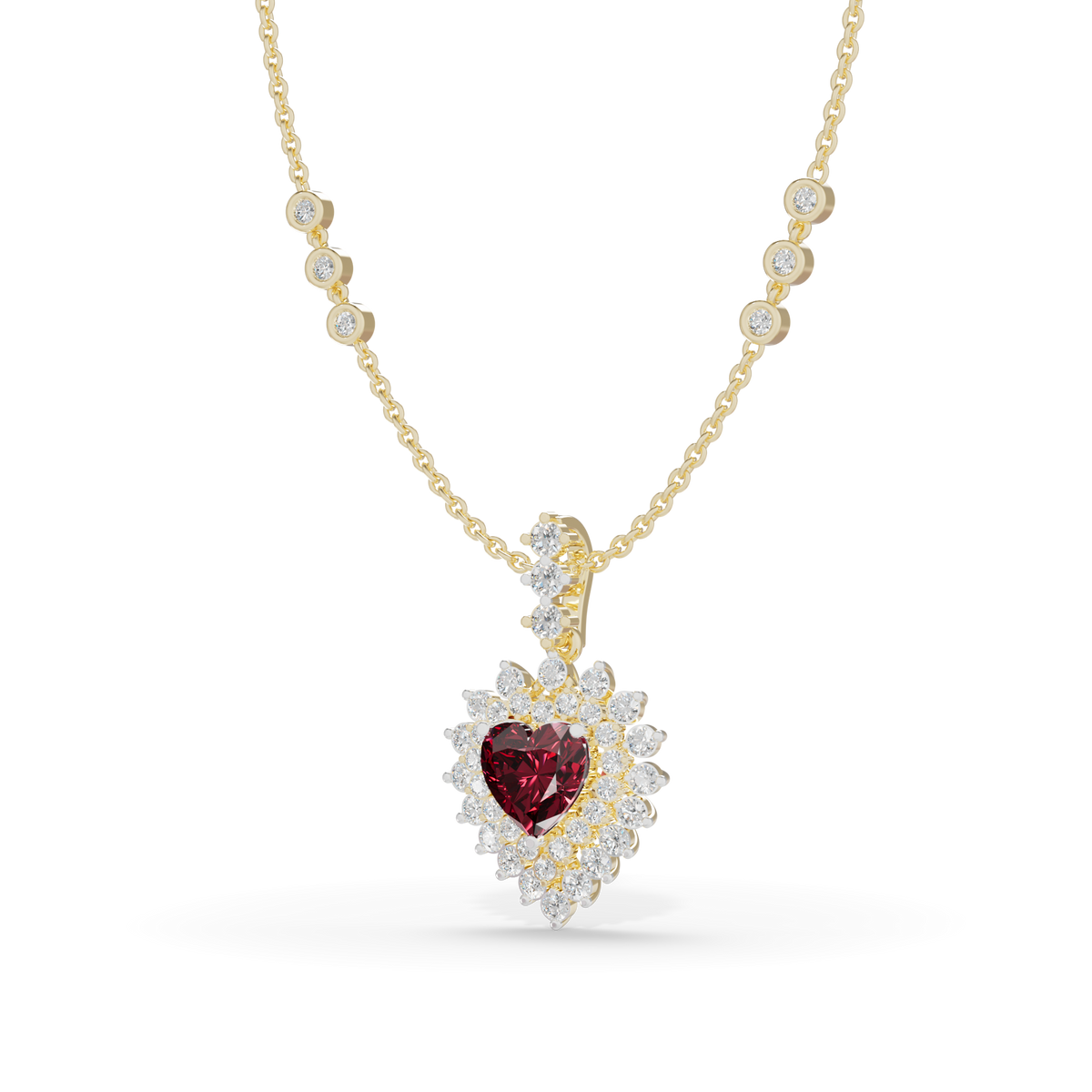Guru Jewel's Scalloped Double Halo with Heart-Cut Ruby Red Pendant  for Her
