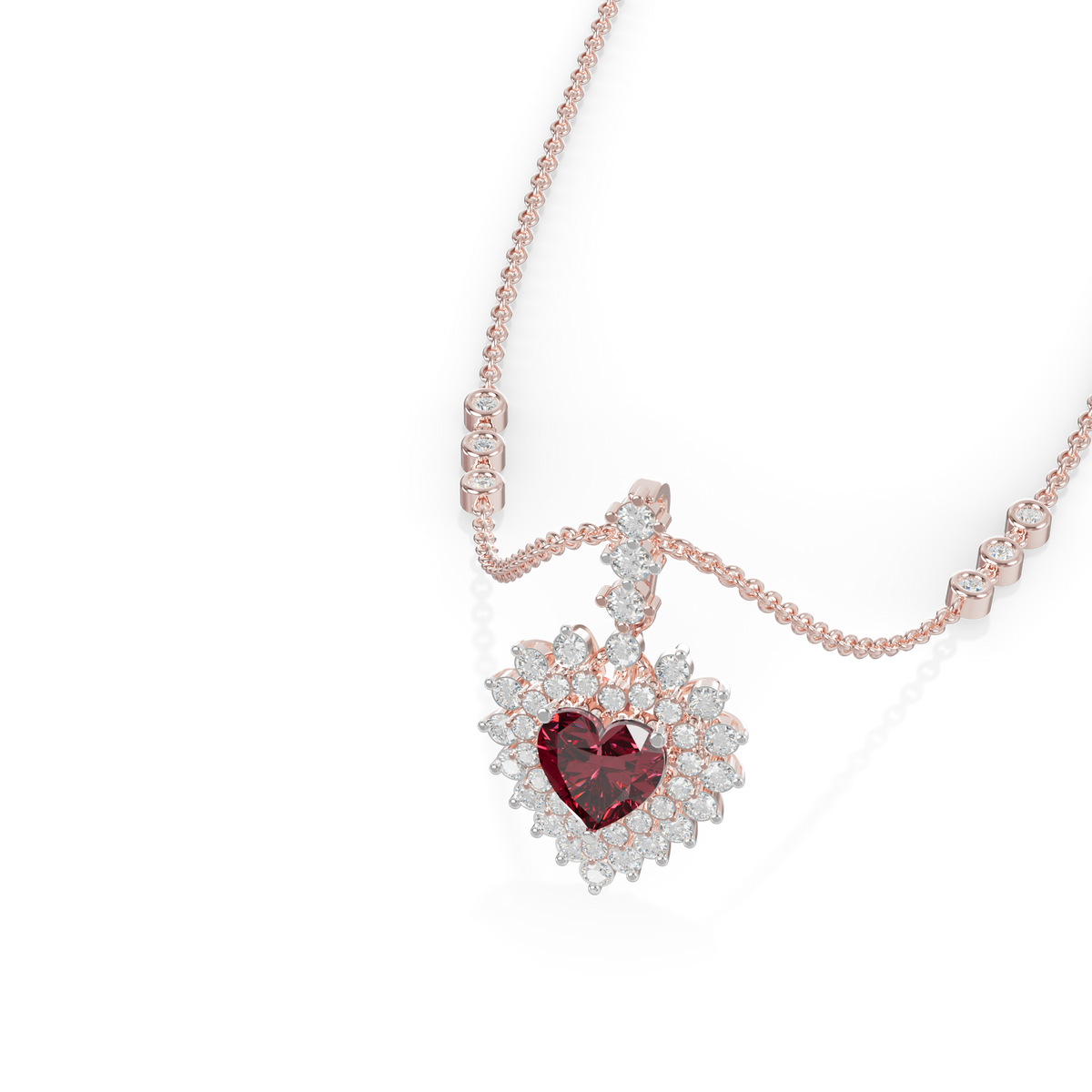 Guru Jewel's Scalloped Double Halo with Heart-Cut Ruby Red Pendant  for Her