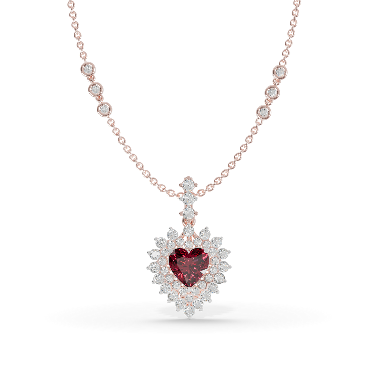 Guru Jewel's Scalloped Double Halo with Heart-Cut Ruby Red Pendant  for Her
