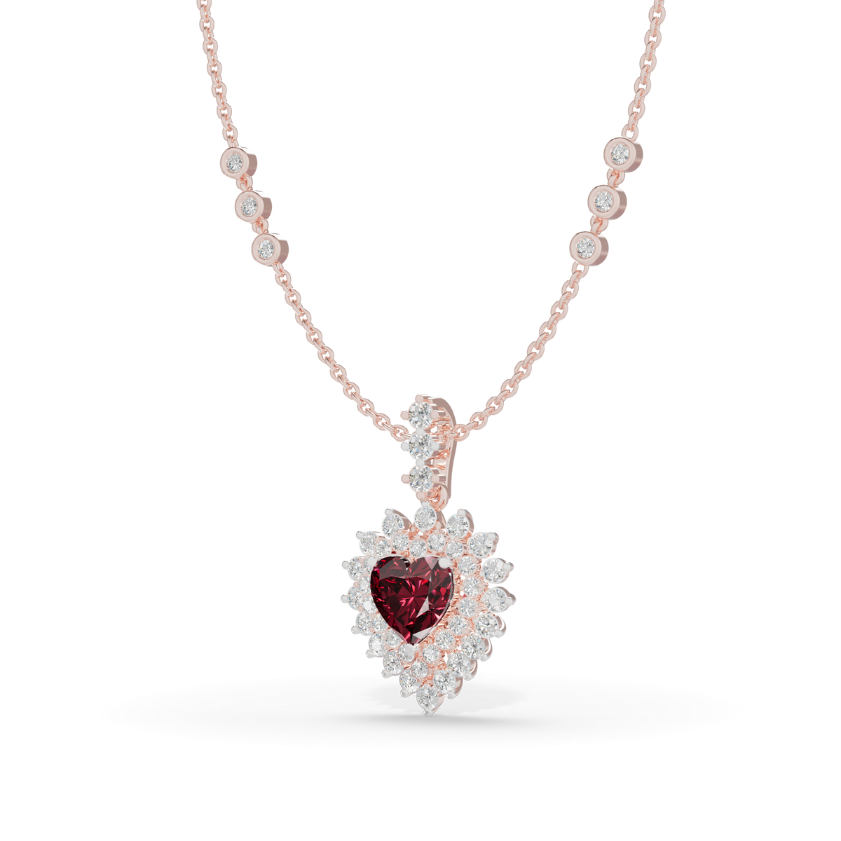 Guru Jewel's Scalloped Double Halo with Heart-Cut Ruby Red Pendant  for Her