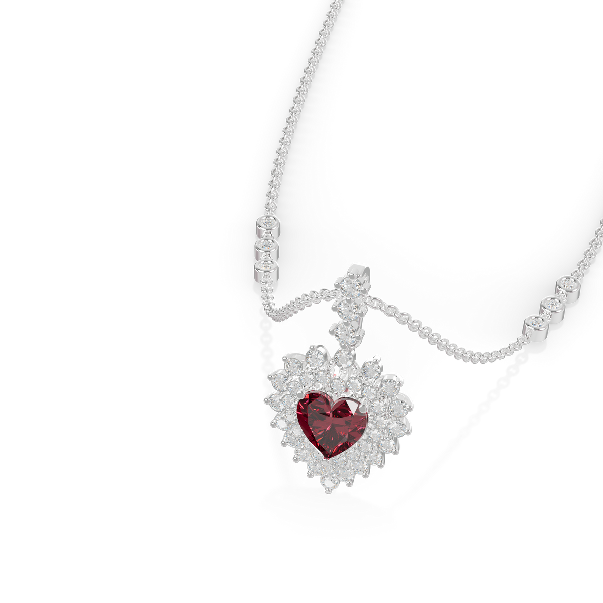 Guru Jewel's Scalloped Double Halo with Heart-Cut Ruby Red Pendant  for Her