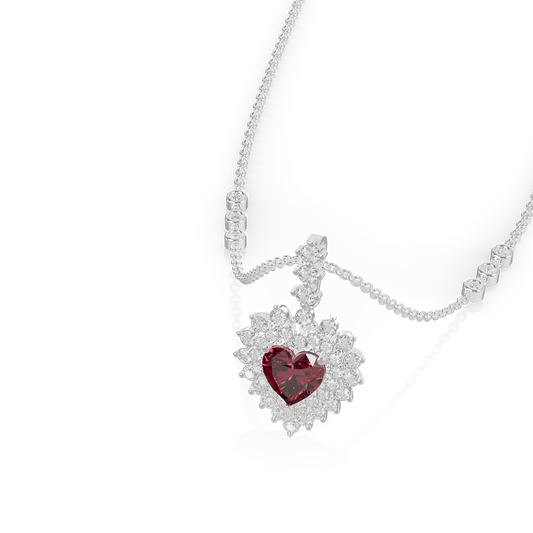 Guru Jewel's Scalloped Double Halo with Heart-Cut Ruby Red Pendant  for Her