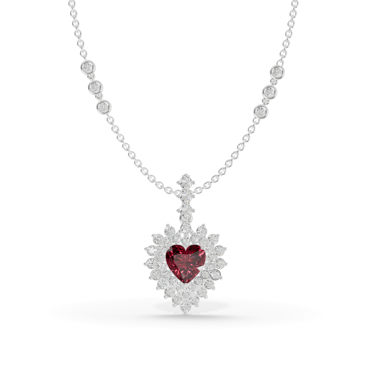 Guru Jewel's Scalloped Double Halo with Heart-Cut Ruby Red Pendant  for Her