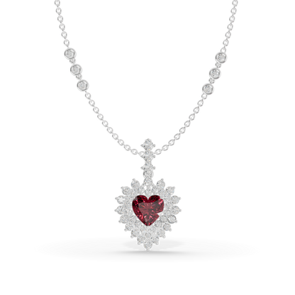 Guru Jewel's Scalloped Double Halo with Heart-Cut Ruby Red Pendant  for Her