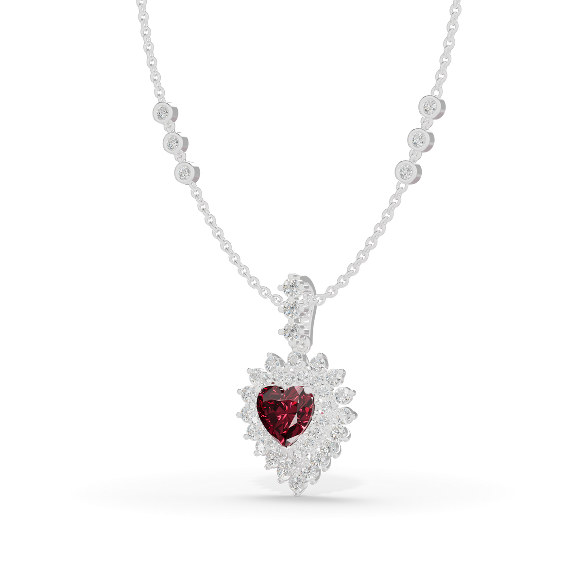 Guru Jewel's Scalloped Double Halo with Heart-Cut Ruby Red Pendant  for Her