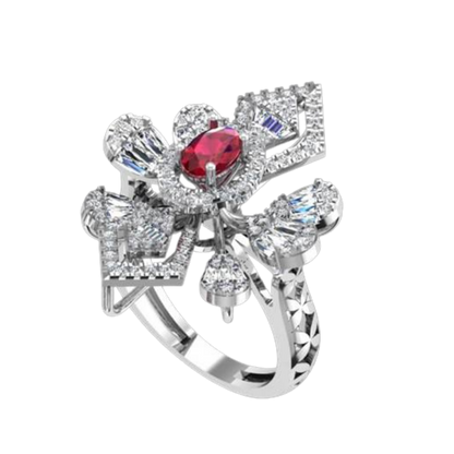 Guru Jewel's Red Stone And C.Z Diamond Studded Fascinating Ring In Silver For Her