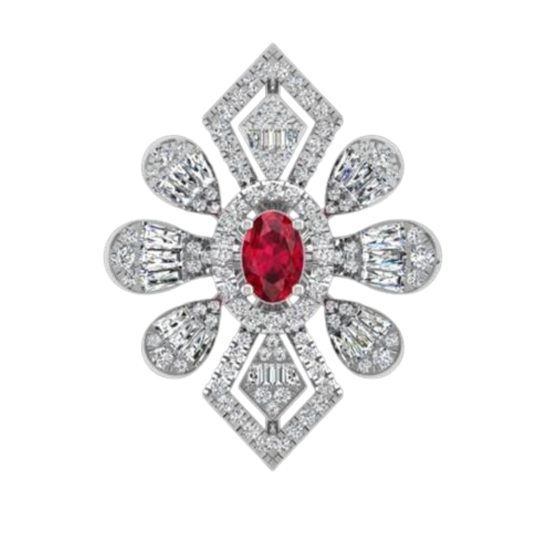 Guru Jewel's Red Stone And C.Z Diamond Studded Fascinating Ring In Silver For Her