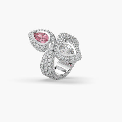 Guru Jewel's Pear Shaped Red Ruby And Fancy Diamond Studded Devastating Silver Ring For Her