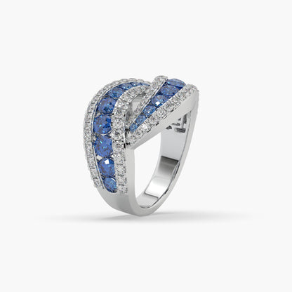 Guru Jewel's Blue Sapphire And Round Diamond Studded Silver Ring For Her
