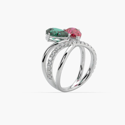 Guru Jewel's Red And Green Stone With Diamond Studded Silver Ring For Her