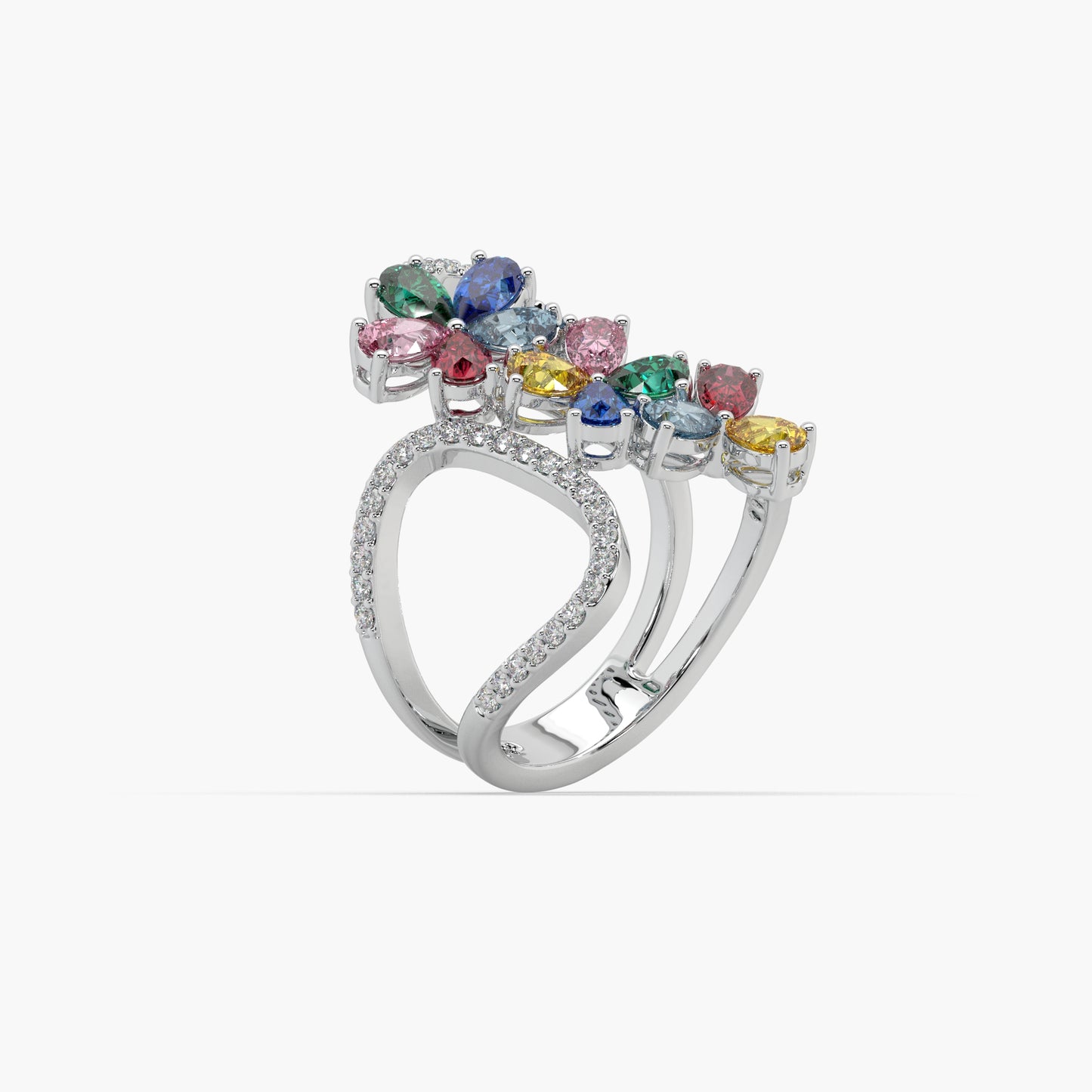 Guru Jewel's Multi Color Stone And Diamond Studded Silver Ring For Her