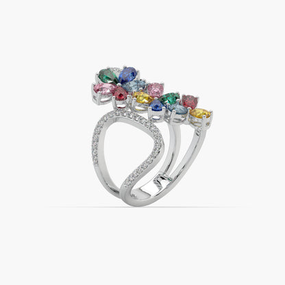 Guru Jewel's Multi Color Stone And Diamond Studded Silver Ring For Her