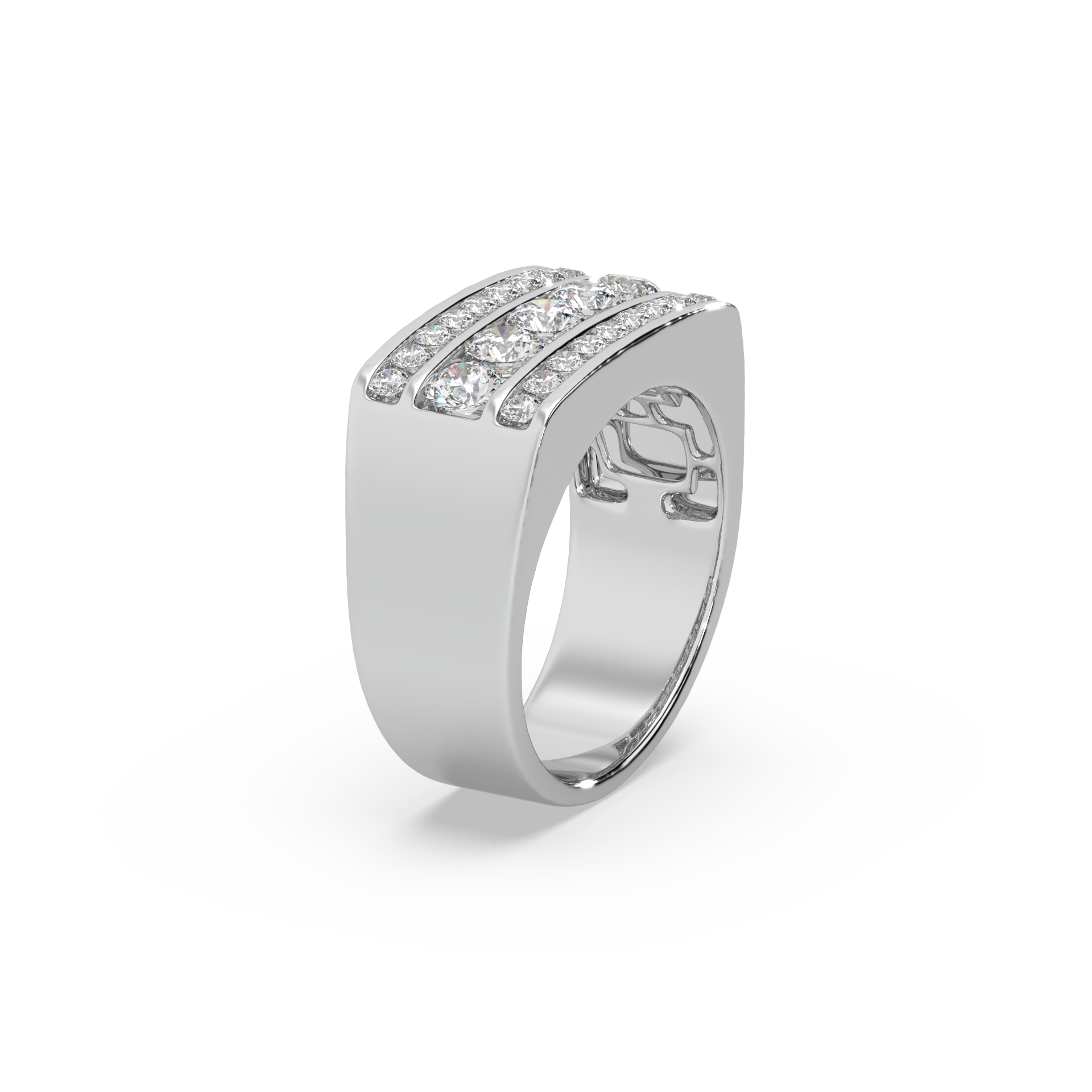 Impressive 3 Line 925 Silver And Round Diamond Studded Gents Ring For Him