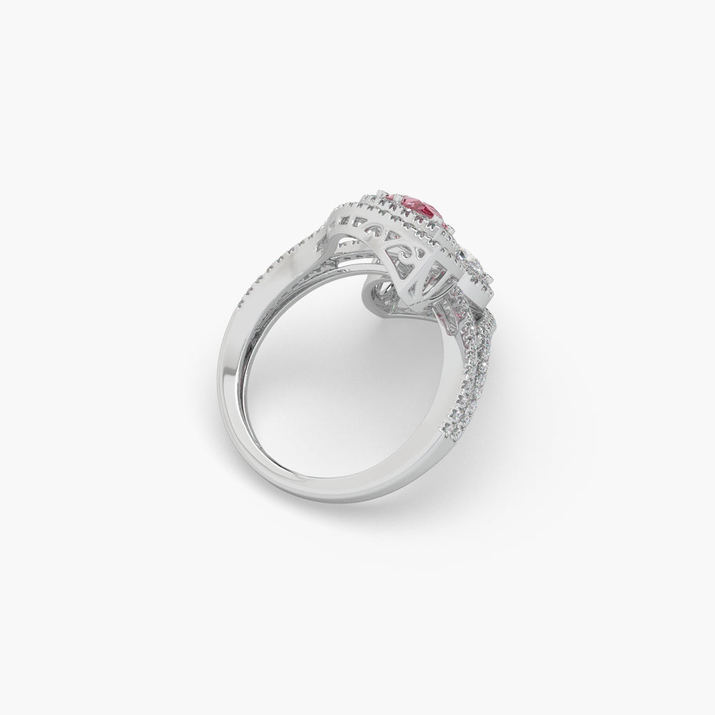 Guru Jewel's Pear Shaped Red Ruby And Fancy Diamond Studded Silver Ring For Her