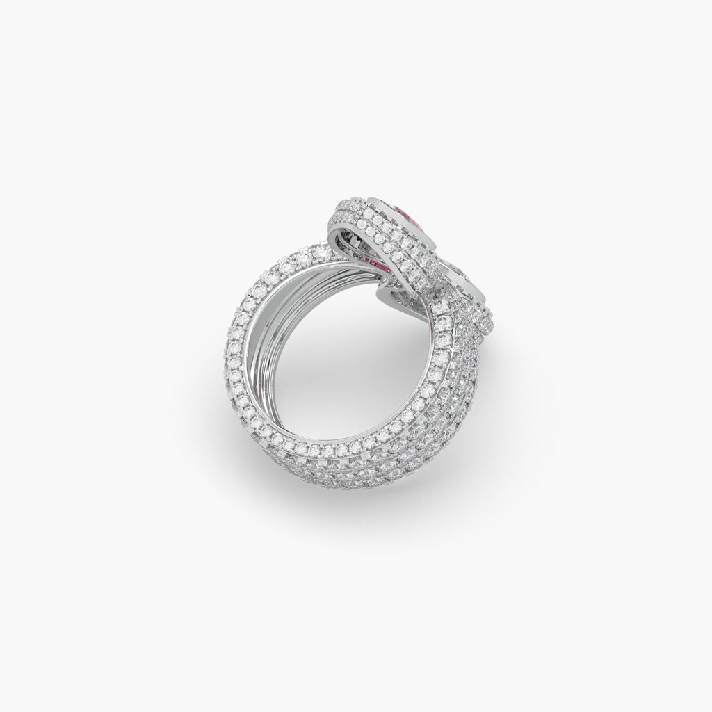 Guru Jewel's Pear Shaped Red Ruby And Fancy Diamond Studded Devastating Silver Ring For Her