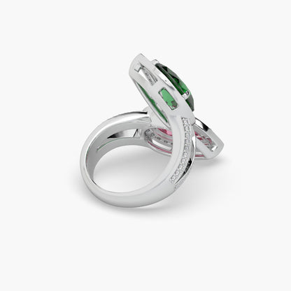 Guru Jewel's Green Emerald Red Ruby And Diamond Studded Silver Ring For Her