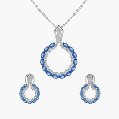 Guru Jewel's Blue Stone And Dimond Studded Silver Pendant Set For Her