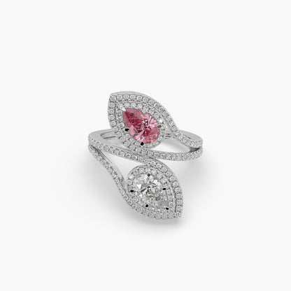 Guru Jewel's Pear Shaped Red Ruby And Fancy Diamond Studded Silver Ring For Her
