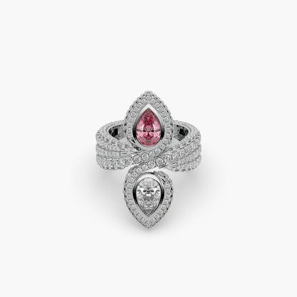 Guru Jewel's Pear Shaped Red Ruby And Fancy Diamond Studded Devastating Silver Ring For Her