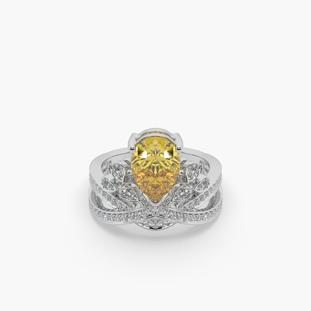 Guru Jewel's Yellow Stone And Diamond Studded Silver Ladies Ring For Her