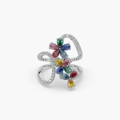 Guru Jewel's Multi Color Stone And Diamond Studded Silver Ring For Her
