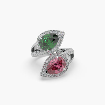 Guru Jewel's Green Emerald Red Ruby And Diamond Studded Silver Ring For Her
