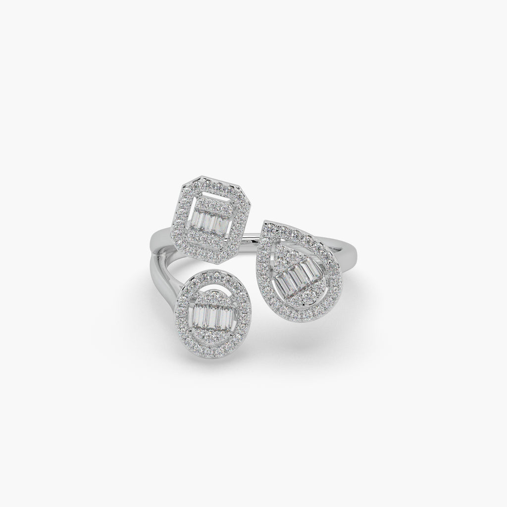 Guru Jewel's Round And Bugget Diamond Studded Multi Shaped Silver Ring For Her