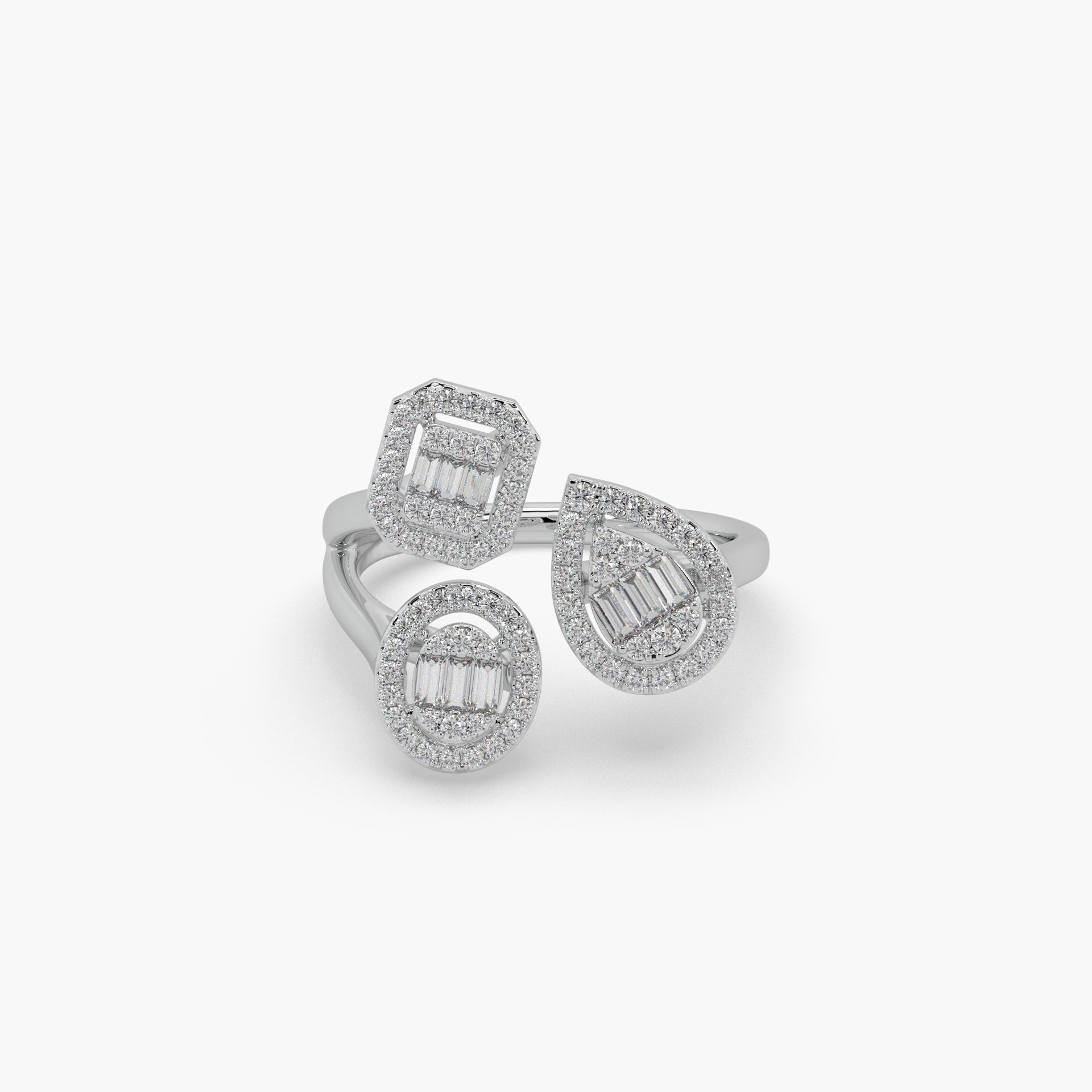 Guru Jewel's Round And Bugget Diamond Studded Multi Shaped Silver Ring For Her