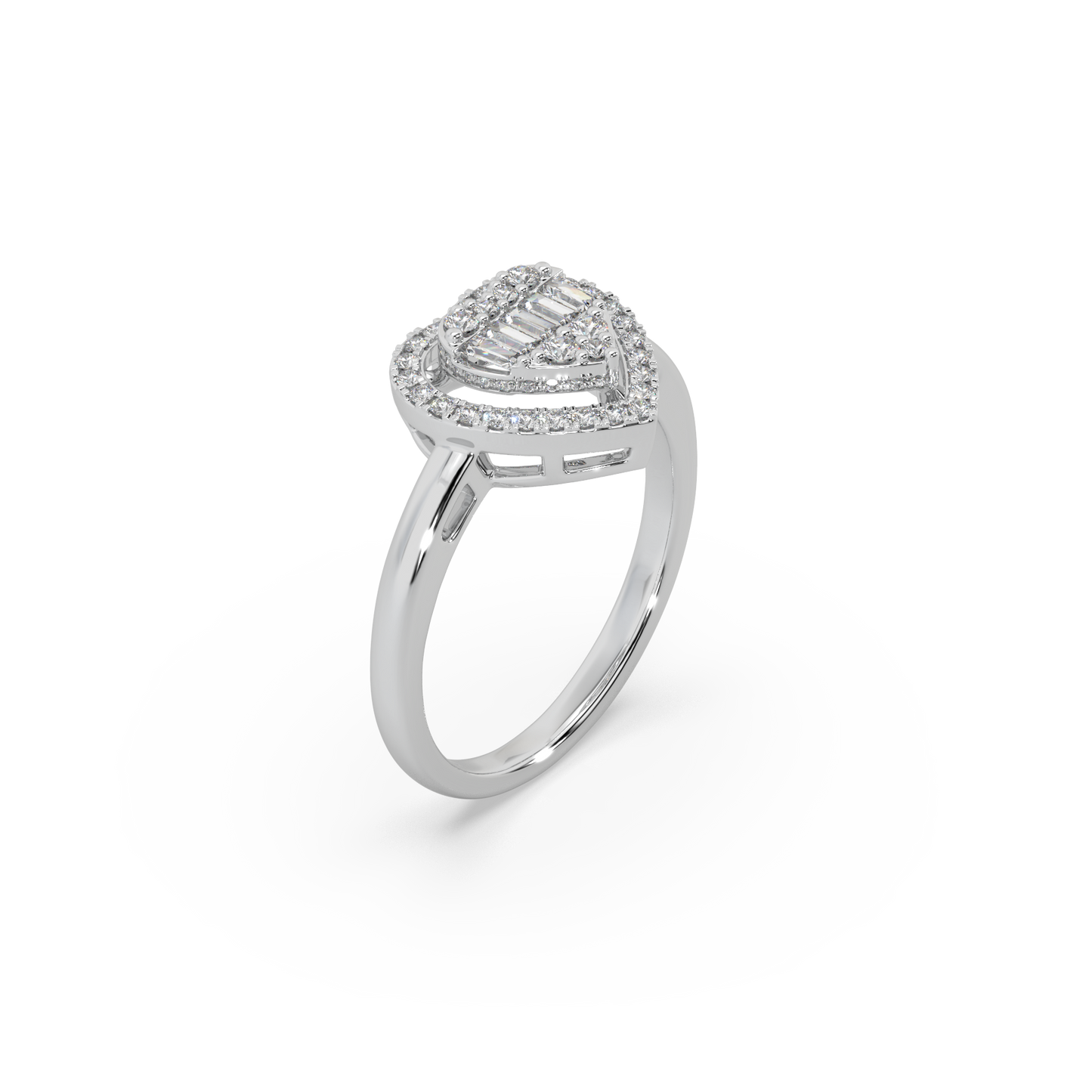 Heart Shape Buguette And Round Cut Diamond 925 Silver Ladies Ring For Her