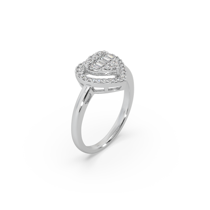 Heart Shape Buguette And Round Cut Diamond 925 Silver Ladies Ring For Her