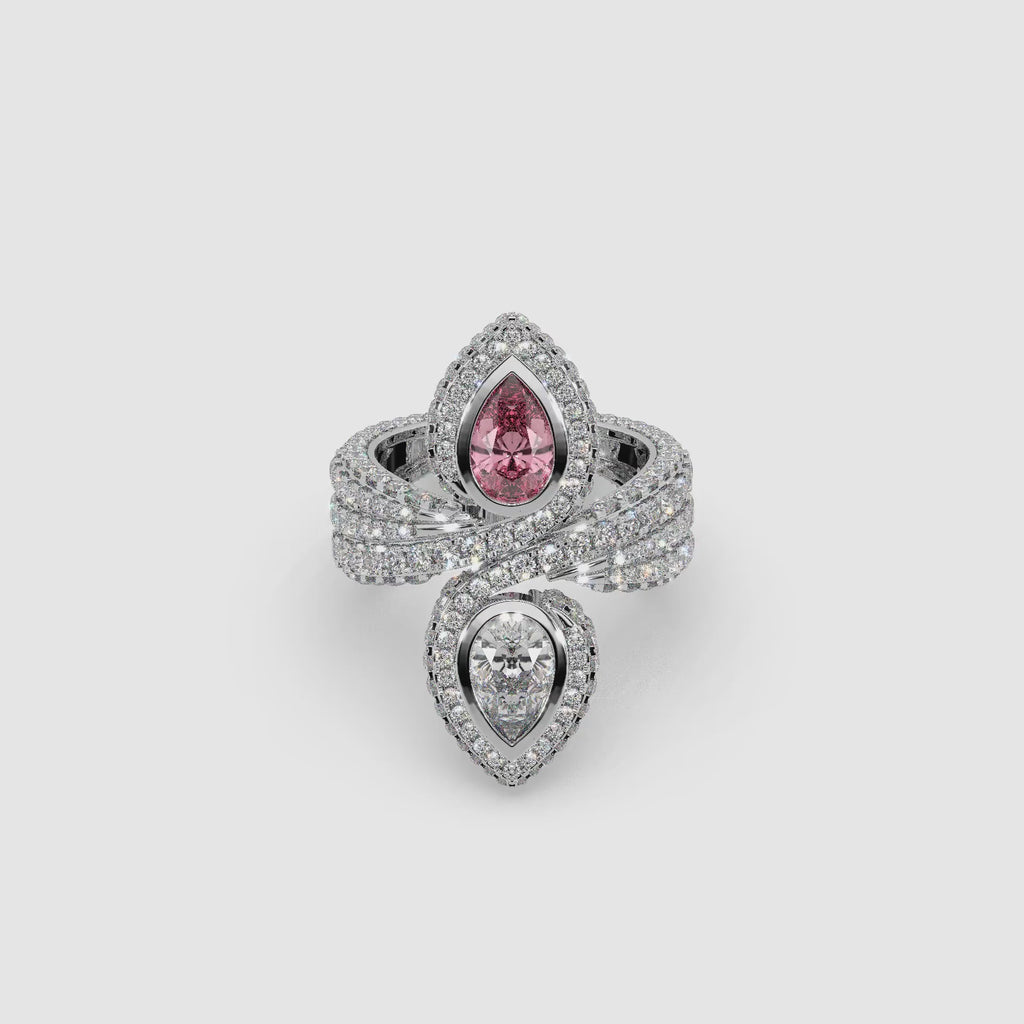 Guru Jewel's Pear Shaped Red Ruby And Fancy Diamond Studded Devastating Silver Ring For Her